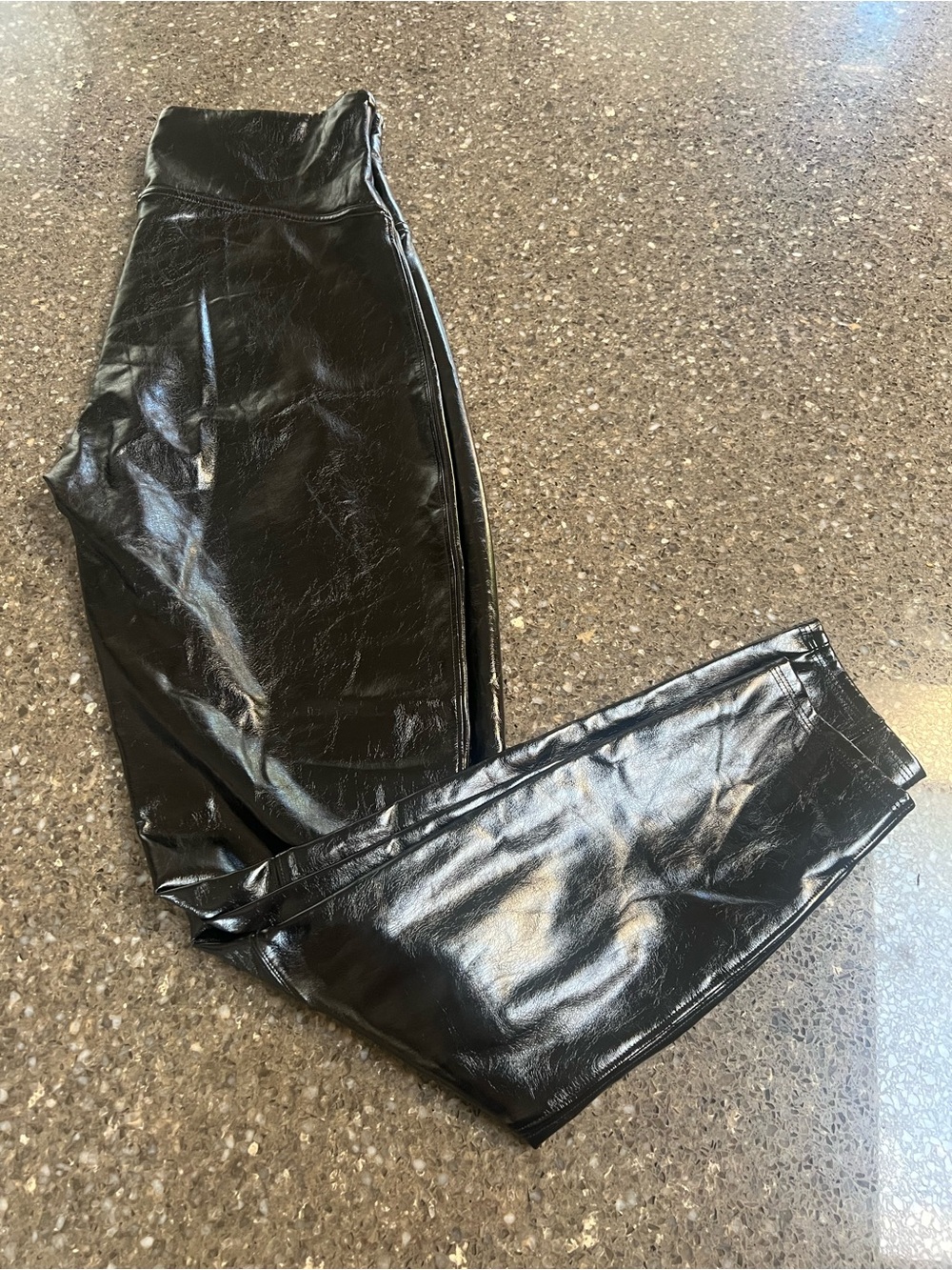 SPANX Black Shiny High-Rise Faux Leather Shaping Leggings Rock Goth MobWife L - Picture 2 of 9